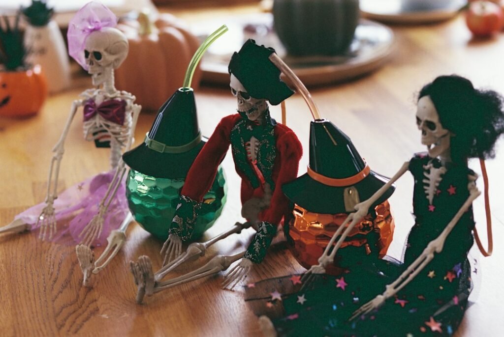 Playful Halloween skeleton decorations arranged for an adult party